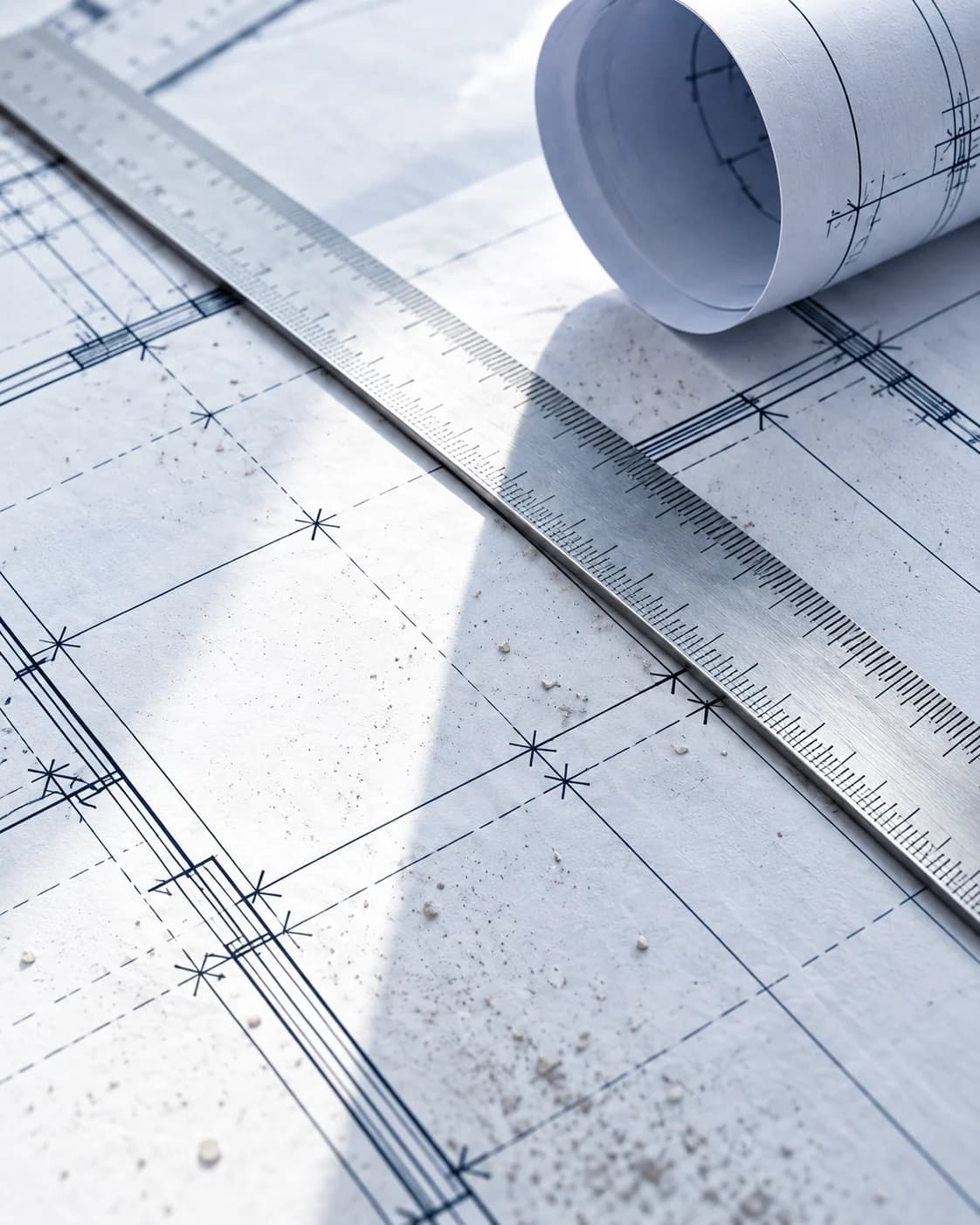 Bauplan mit Architektenlineal und eingerollter Zeichnung