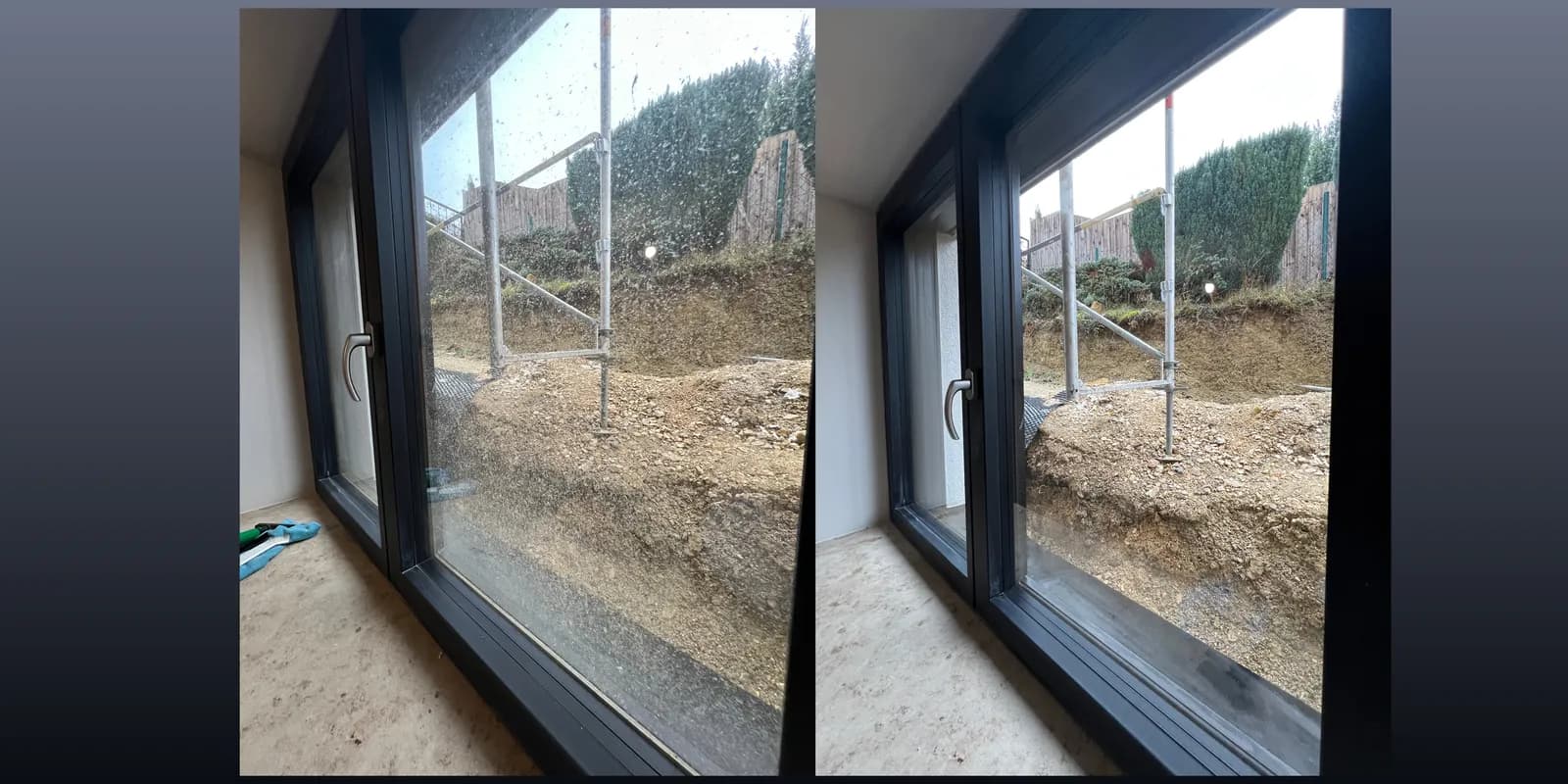 Vorher-Nachher-Vergleich einer Glasreinigung an einem großen Fenster