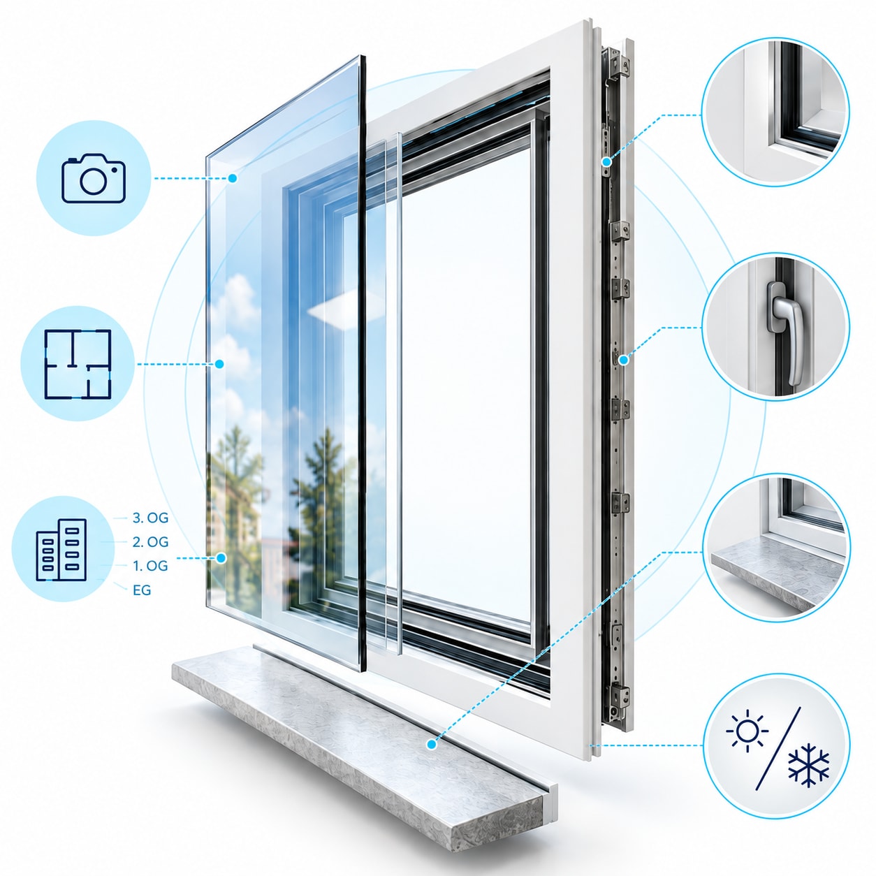 Fensterillustration mit Glasscheibe, Rahmen, Griff und Fensterbank sowie Symbolen für Fotos und Etagen
