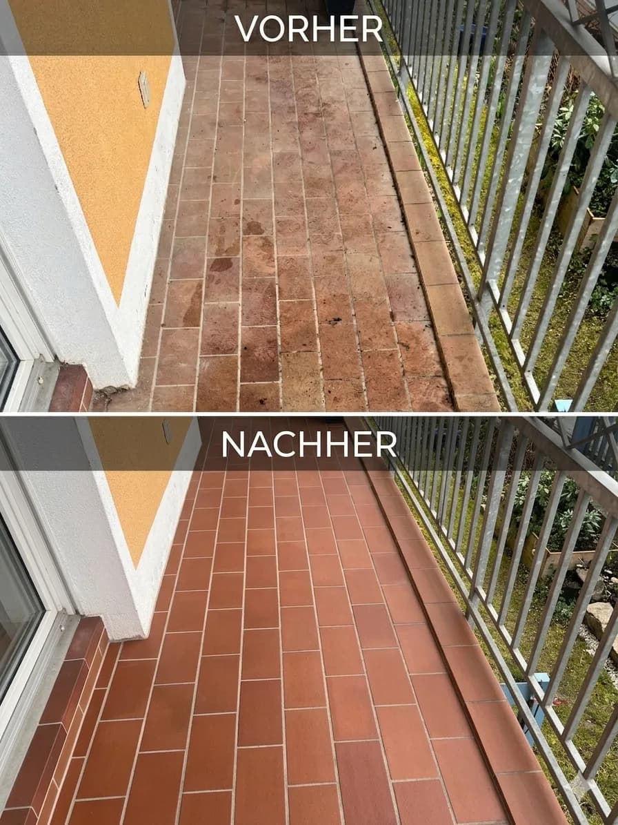 Vorher-Nachher-Vergleich einer gereinigten Balkonfläche mit Fliesenbelag