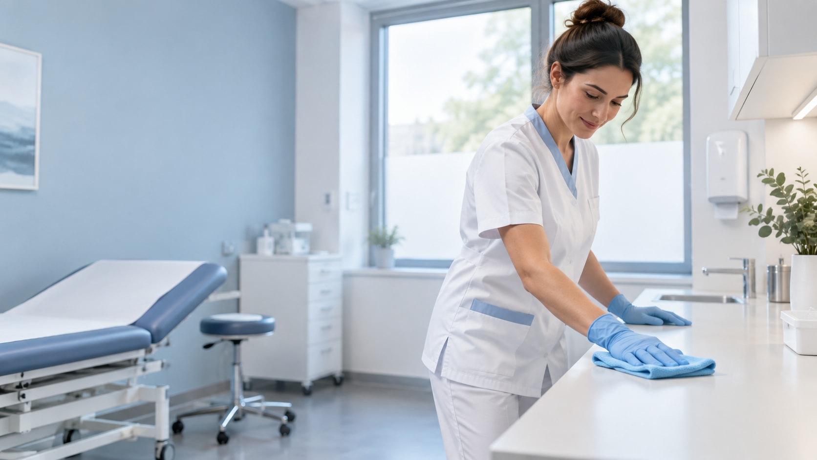 Reinigungskraft wischt eine Arbeitsfläche in einem hellen Praxisraum