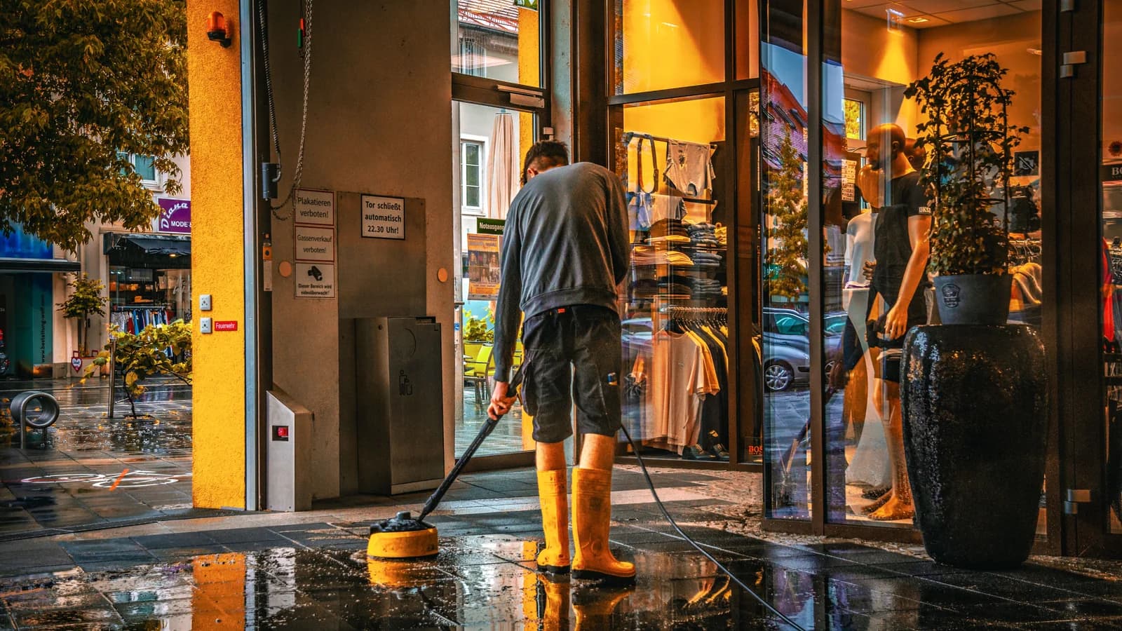 Reinigungskraft säubert mit einer Bodenreinigungsmaschine den Eingangsbereich einer Ladenfläche